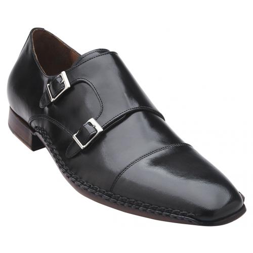Belvedere "Frankfurt" Macchiato Black Genuine Italian Calf Plain Double Buckle Cap Toe Loafer Shoes A2.